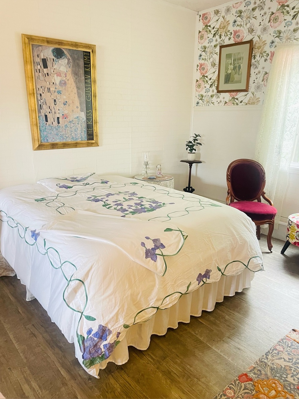 Vintage Duvet Sham Bedskirt Set Purple Iris Appliqué w Green Trellis Twin Sz